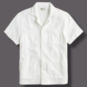 J Crew Shirt Men M White Button Up 4 Pocket Camp Collar Short Sleeve Terry BH445